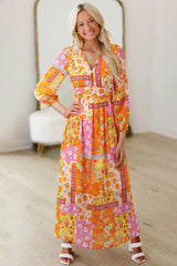 Orange Floral Patchwork Print Cut Out Tied Back Bracelet Sleeve Maxi Dress null