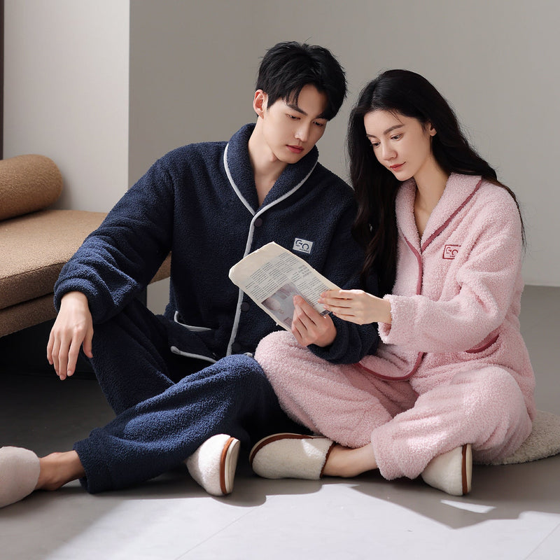 Flannel Thick Warm Long Sleeves Coral Fleece Couple Pajamas Suit Bigbuy