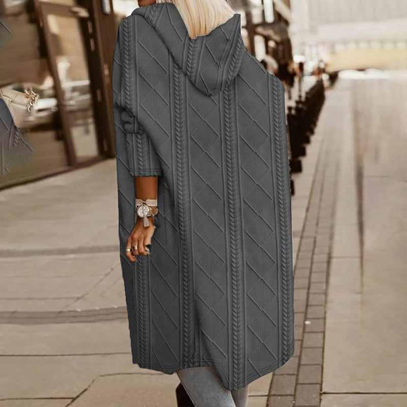 Women's Textured Hooded Longline Jacket, Solid Color Casual Oversized Top With Pockets For Fall & Winter Bigbuy