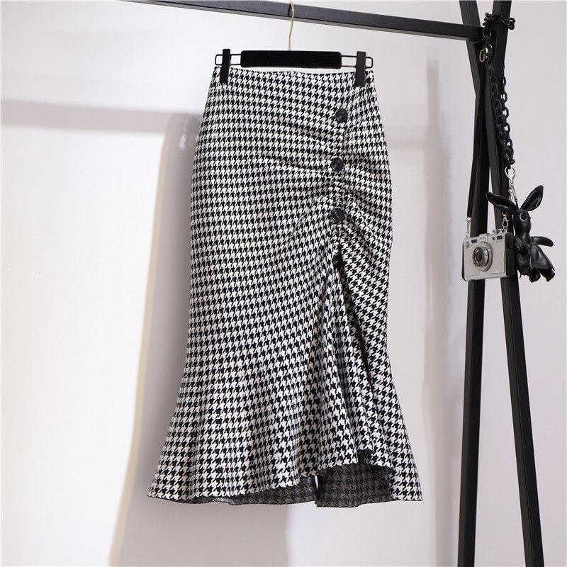 Women's Mid-length Tartan Skirt Western Style Slimming Split Fishtail Bigbuy