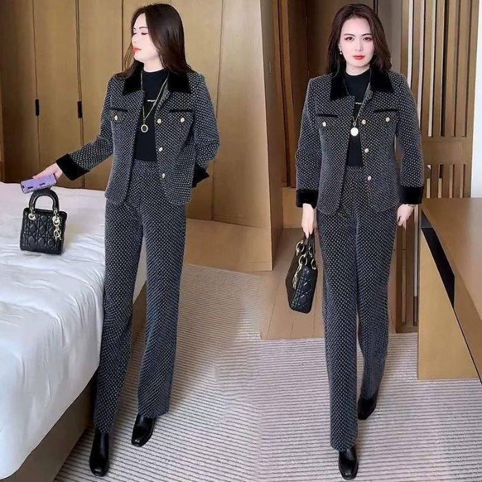 Short Coat Wide Leg Pants Two-piece Set Bigbuy