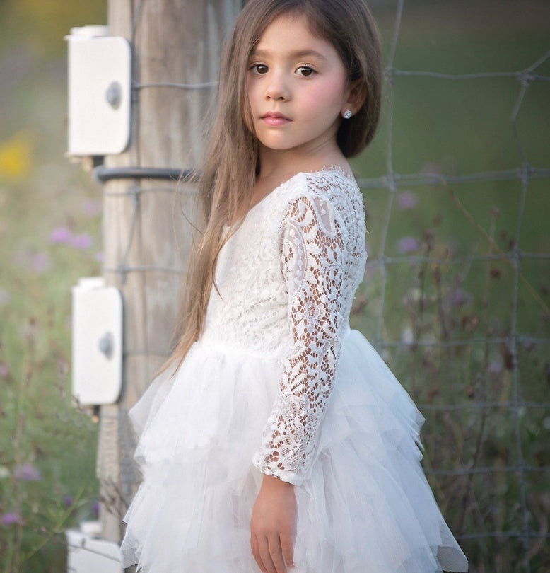 Autumn And Winter Explosions Hollow Children's Skirt Lace Long-sleeved Girls White Princess Dress Irregular Dress Bigbuy