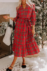 Red Christmas Plaid V-neck Dress Bigbuy