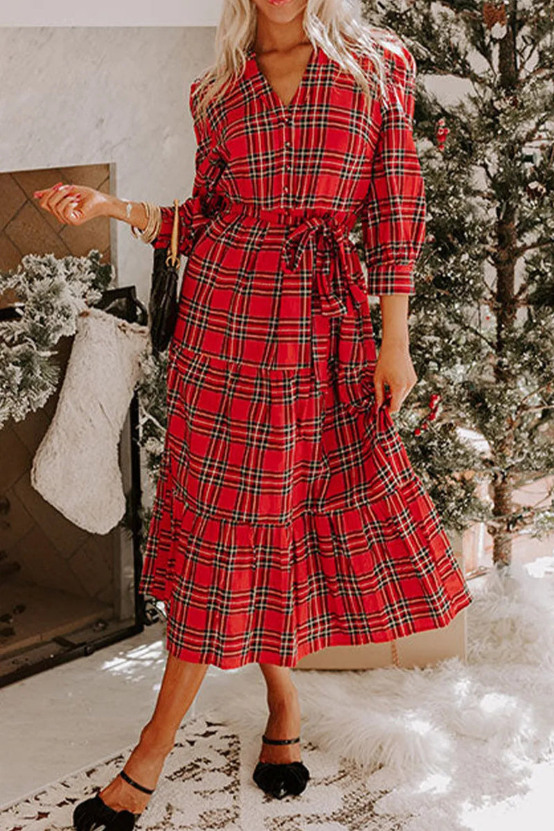 Red Christmas Plaid V-neck Dress Bigbuy