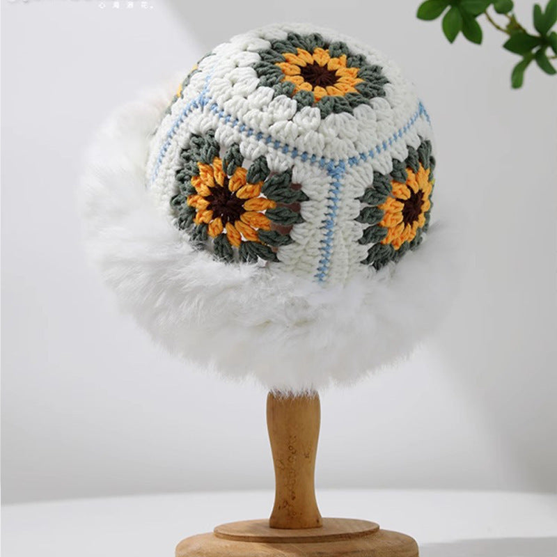 Rabbit Fur Knitted Warm-keeping And Cold-proof Handmade Crochet Bucket Hat Bigbuy