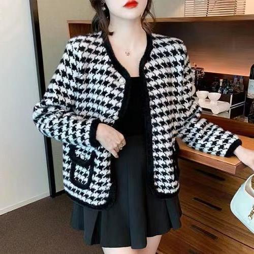 New Plaid Mink Velvet Coat Loose Flattering Knit Cardigan Sweater Bigbuy