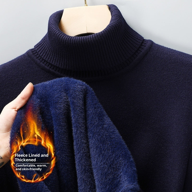 Men's Versatile Knitted Turtleneck Solid Color With Fur Sweater Bigbuy