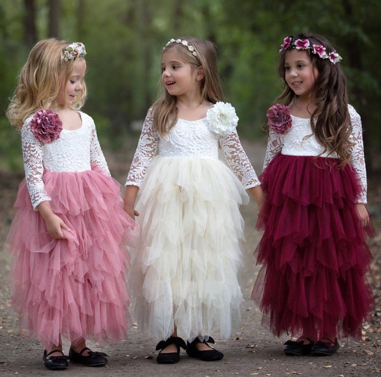 Autumn And Winter Explosions Hollow Children's Skirt Lace Long-sleeved Girls White Princess Dress Irregular Dress Bigbuy