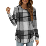 Women's Casual Loose Plaid Long Sleeve Round Neck Irregular Bottoming Shirt Top Bigbuy