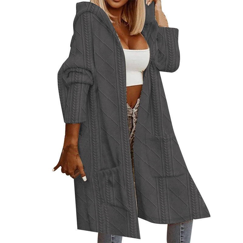 Women's Textured Hooded Longline Jacket, Solid Color Casual Oversized Top With Pockets For Fall & Winter Bigbuy