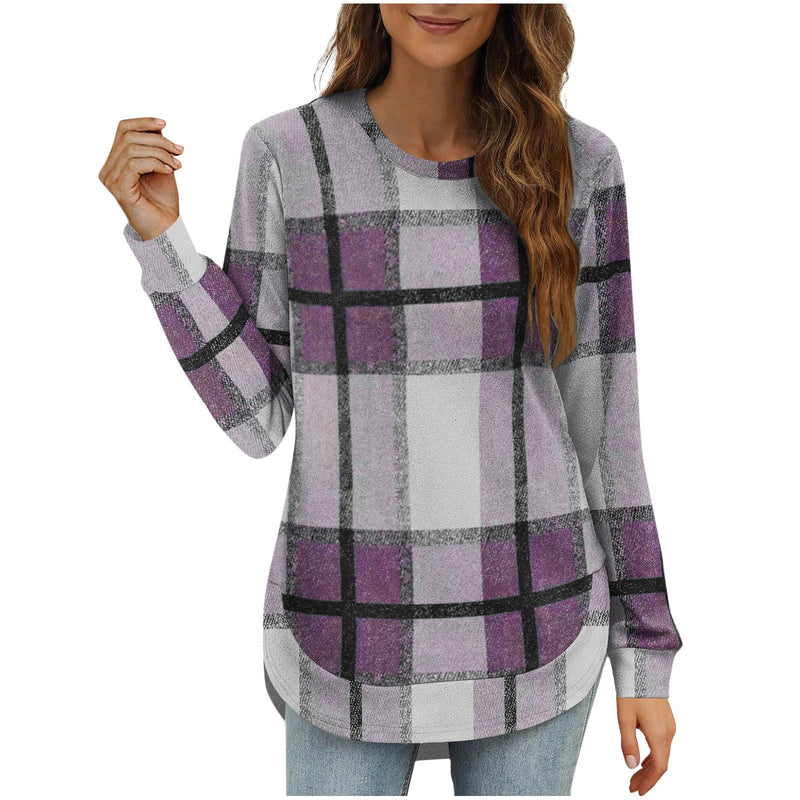 Women's Casual Loose Plaid Long Sleeve Round Neck Irregular Bottoming Shirt Top Bigbuy