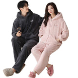 Plush Couple Pajamas Women's Winter Casual Zipper Hooded Outerwear Men's Homewear Suit Bigbuy