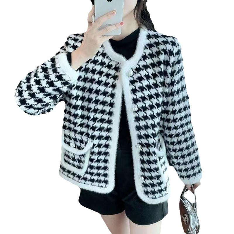 New Plaid Mink Velvet Coat Loose Flattering Knit Cardigan Sweater Bigbuy