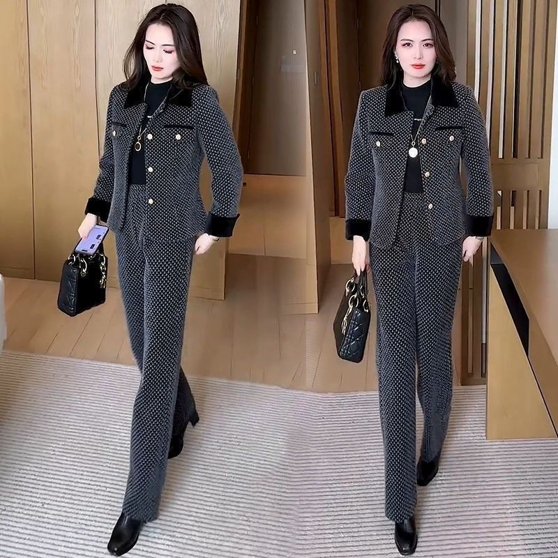 Short Coat Wide Leg Pants Two-piece Set Bigbuy