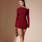 Women's Sexy Oblique Shoulder Party Solid Color Dress Bigbuy