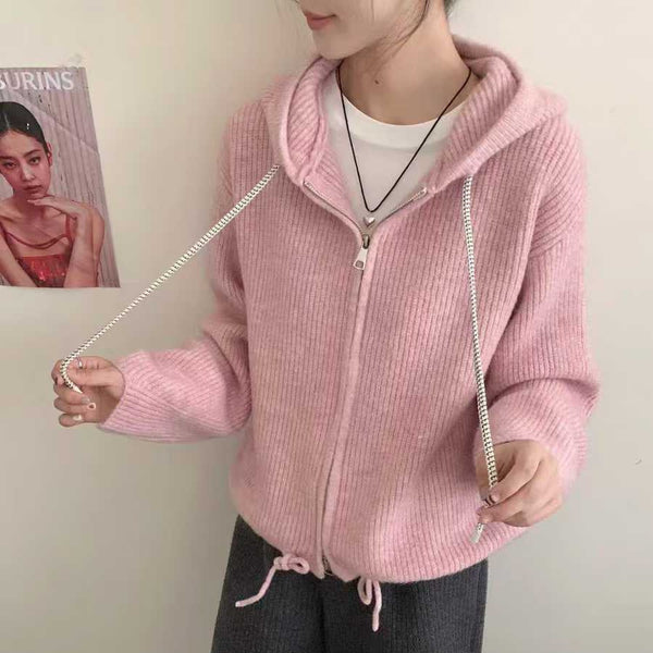 Double Zipper Hooded Knitted Niche Sweater Coat Bigbuy