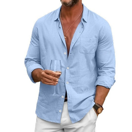 Men's Loose Plus Size Solid Color Shirt Linen Lapel Long Sleeve Casual Shirt Bigbuy