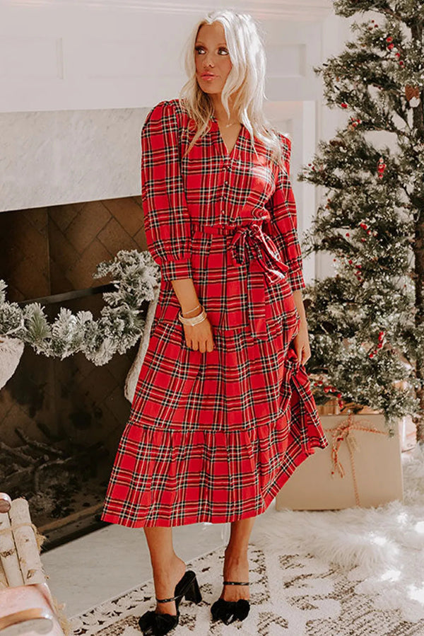 Red Christmas Plaid V-neck Dress Bigbuy