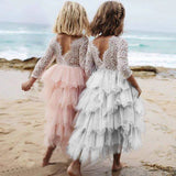 Autumn And Winter Explosions Hollow Children's Skirt Lace Long-sleeved Girls White Princess Dress Irregular Dress Bigbuy