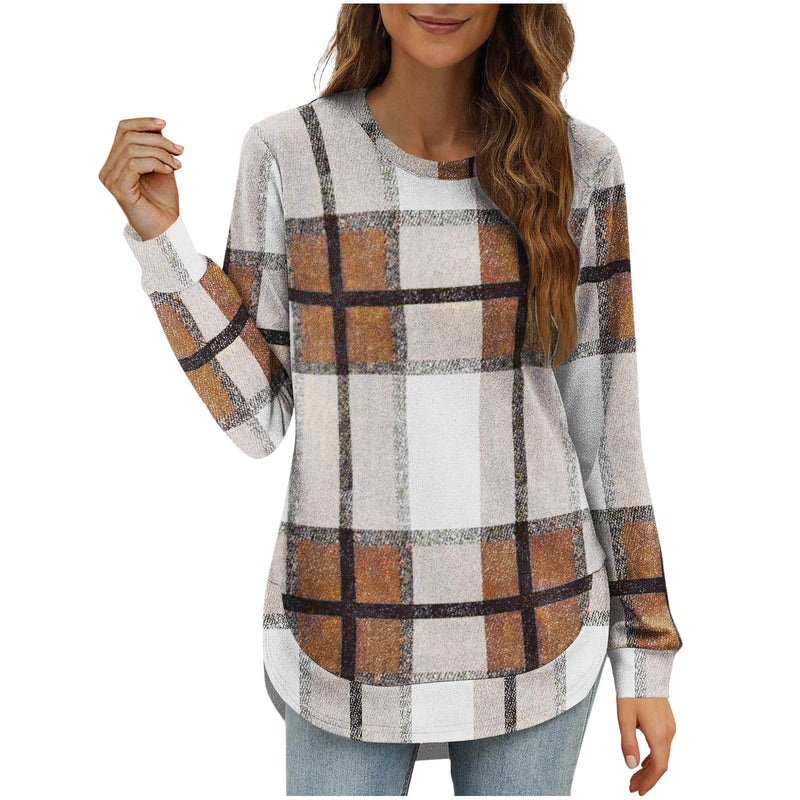 Women's Casual Loose Plaid Long Sleeve Round Neck Irregular Bottoming Shirt Top Bigbuy