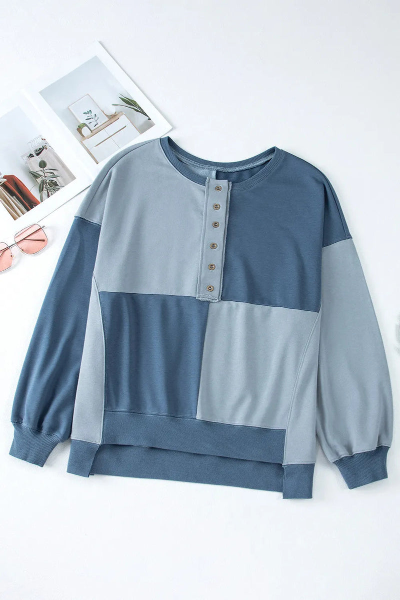 Beau Blue Colorblock Henley High Low Oversize Sweatshirt Bigbuy