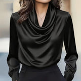 Women's Elegant Draped Neck Blouse, Solid Color Ruffle Detail Long Sleeve Shirt For Office And Formal Wear Bigbuy