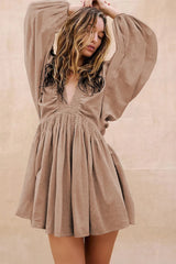 Smoke Gray Deep V Neck Bubble Sleeve Smocked Mini Dress Bigbuy