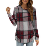 Women's Casual Loose Plaid Long Sleeve Round Neck Irregular Bottoming Shirt Top Bigbuy