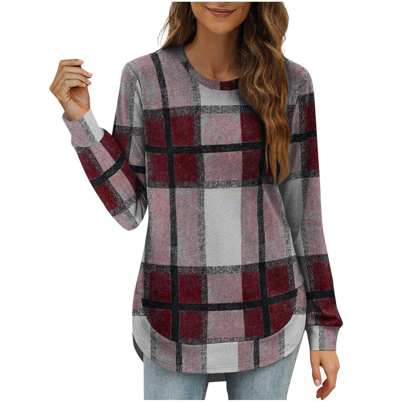 Women's Casual Loose Plaid Long Sleeve Round Neck Irregular Bottoming Shirt Top Bigbuy
