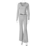 Fashion Midriff-baring Long Sleeve Top Waist-tight Solid Color Wide-leg Pants Suit Bigbuy