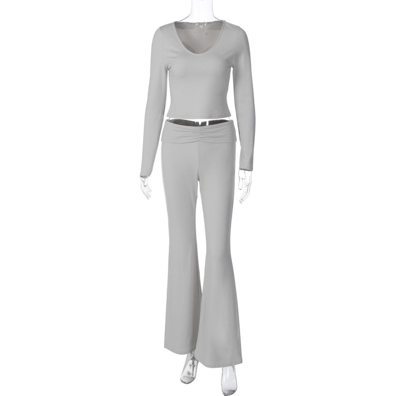 Fashion Midriff-baring Long Sleeve Top Waist-tight Solid Color Wide-leg Pants Suit Bigbuy
