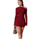 Women's Sexy Oblique Shoulder Party Solid Color Dress Bigbuy