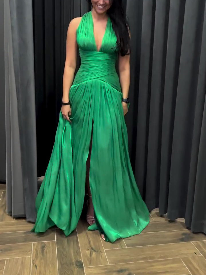 Emerald Green Plunging Neckline Gown With Pleated Skirt And Side Slit Bigbuy