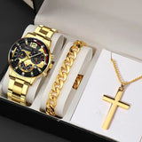 Men's Business Fashion Three-eye Single Calendar Steel Watch Bracelet Cross Bracelet Suit Bigbuy