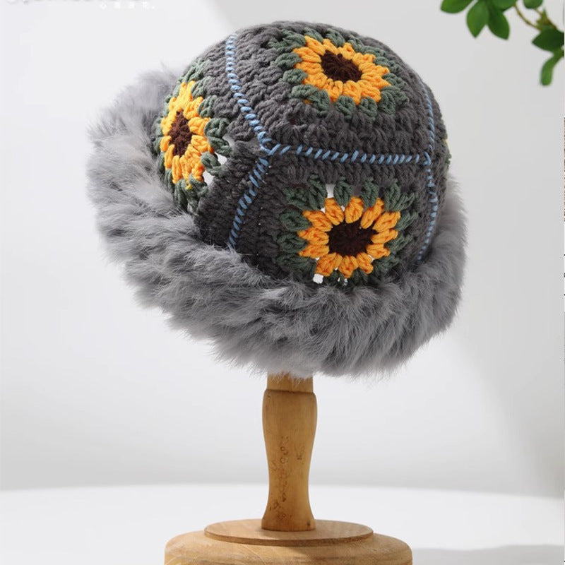 Rabbit Fur Knitted Warm-keeping And Cold-proof Handmade Crochet Bucket Hat Bigbuy