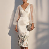 Mesh Stitching V-neck Digital Printed Dress Bigbuy