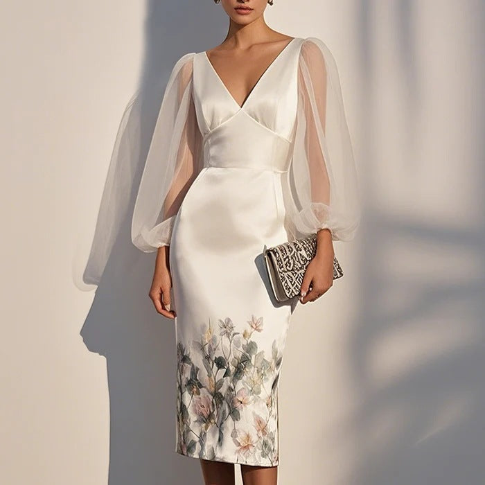 Mesh Stitching V-neck Digital Printed Dress Bigbuy