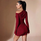 Women's Sexy Oblique Shoulder Party Solid Color Dress Bigbuy