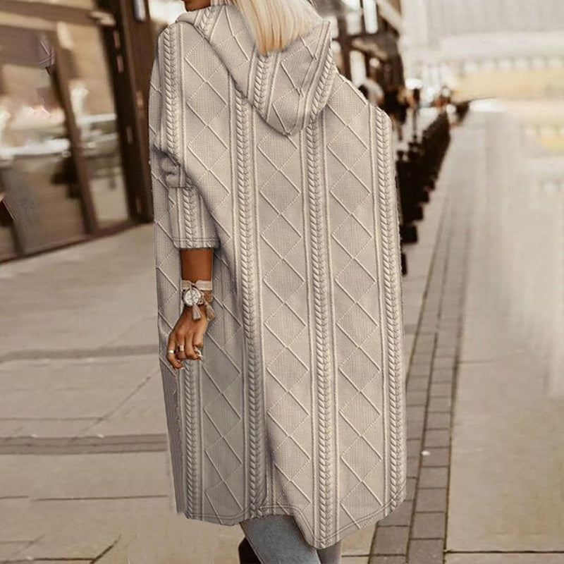 Women's Textured Hooded Longline Jacket, Solid Color Casual Oversized Top With Pockets For Fall & Winter Bigbuy