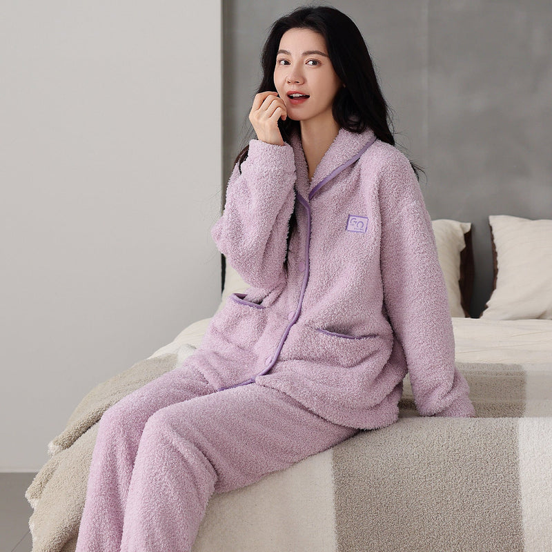 Flannel Thick Warm Long Sleeves Coral Fleece Couple Pajamas Suit Bigbuy