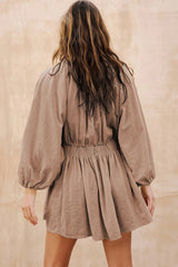 Smoke Gray Deep V Neck Bubble Sleeve Smocked Mini Dress Bigbuy