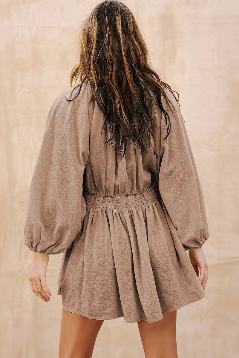 Smoke Gray Deep V Neck Bubble Sleeve Smocked Mini Dress Bigbuy