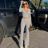 Fashion Midriff-baring Long Sleeve Top Waist-tight Solid Color Wide-leg Pants Suit Bigbuy