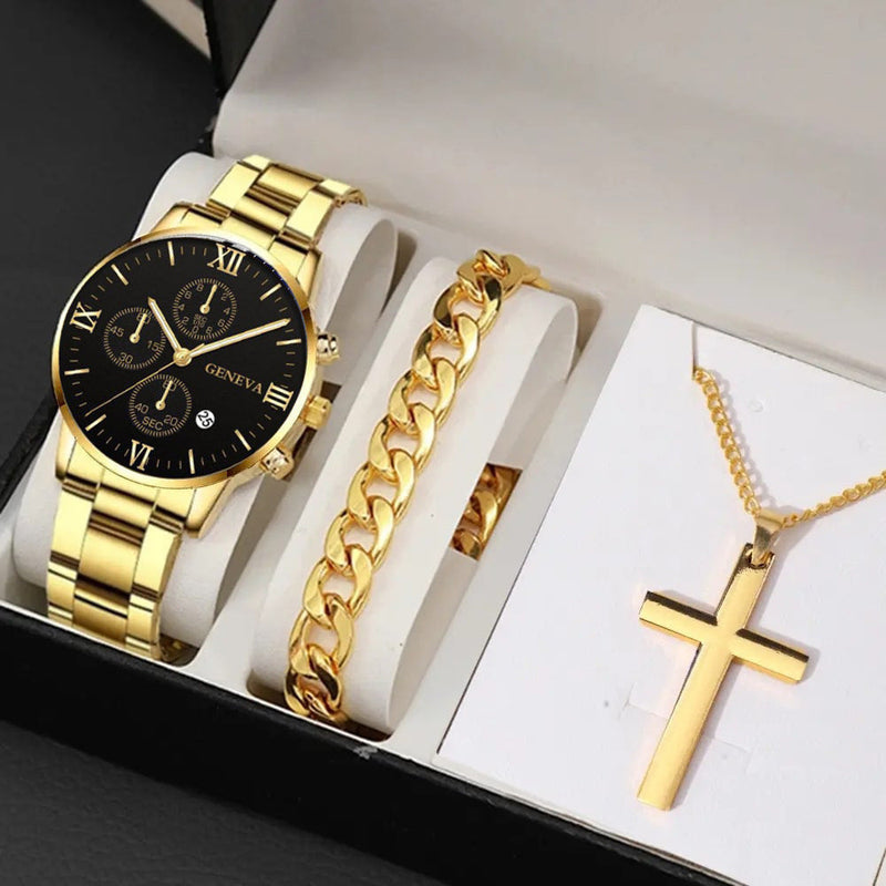 Men's Business Fashion Three-eye Single Calendar Steel Watch Bracelet Cross Bracelet Suit Bigbuy