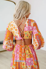 Orange Floral Patchwork Print Cut Out Tied Back Bracelet Sleeve Maxi Dress null