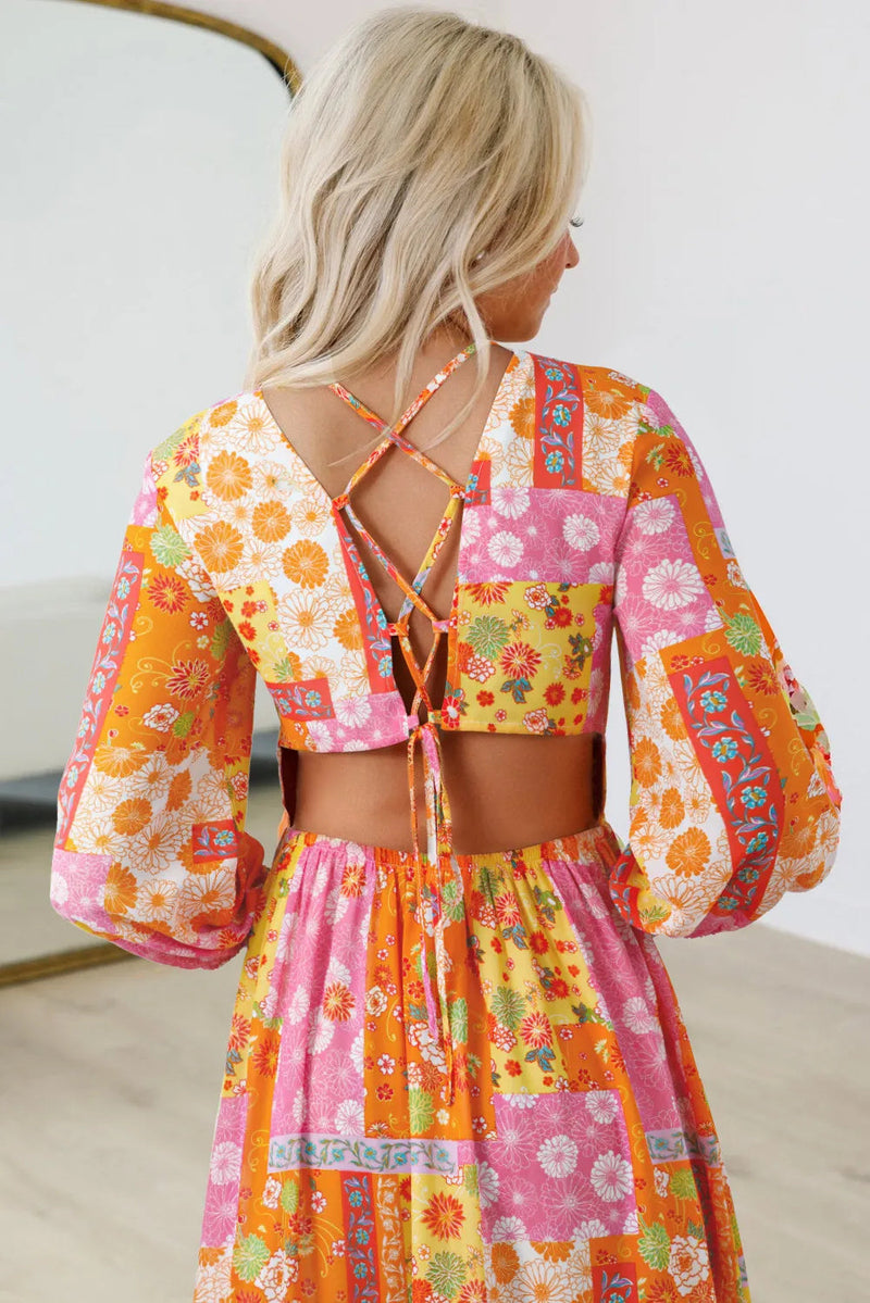 Orange Floral Patchwork Print Cut Out Tied Back Bracelet Sleeve Maxi Dress null