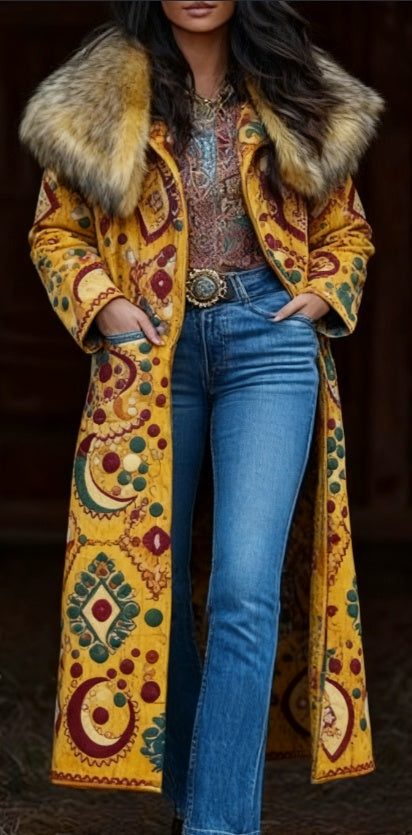 Fashion Retro Women's Coat, Warm Printed Long Coat Bigbuy