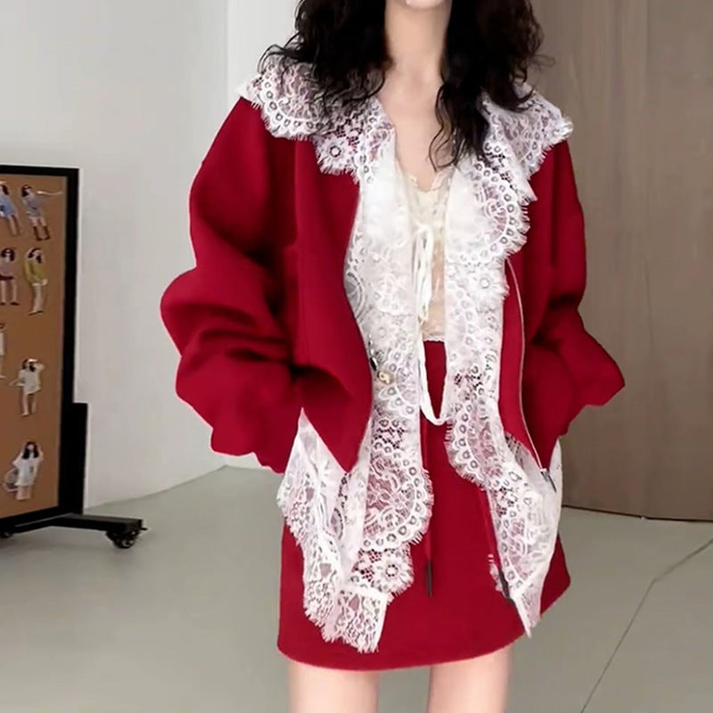 Temperament Leisure Style Red Sweater Baseball Jacket Fashionable All-matching Suit Bigbuy