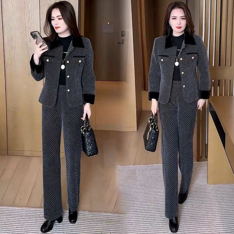 Short Coat Wide Leg Pants Two-piece Set Bigbuy