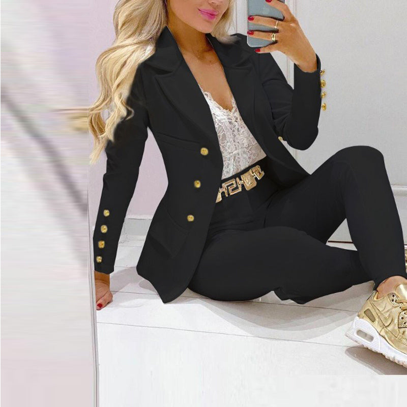 Women's Solid Color Notch Lapel Suit Set, Slim Fit Blazer With Pocket & Trousers, Formal Office Pant Suit Bigbuy